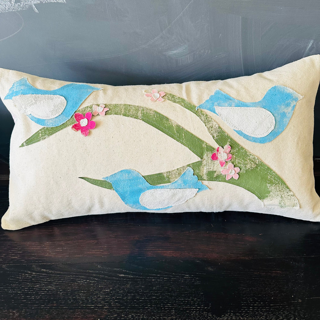 Blue Bird/Cherry Tree Branch Appliqué Pillow
